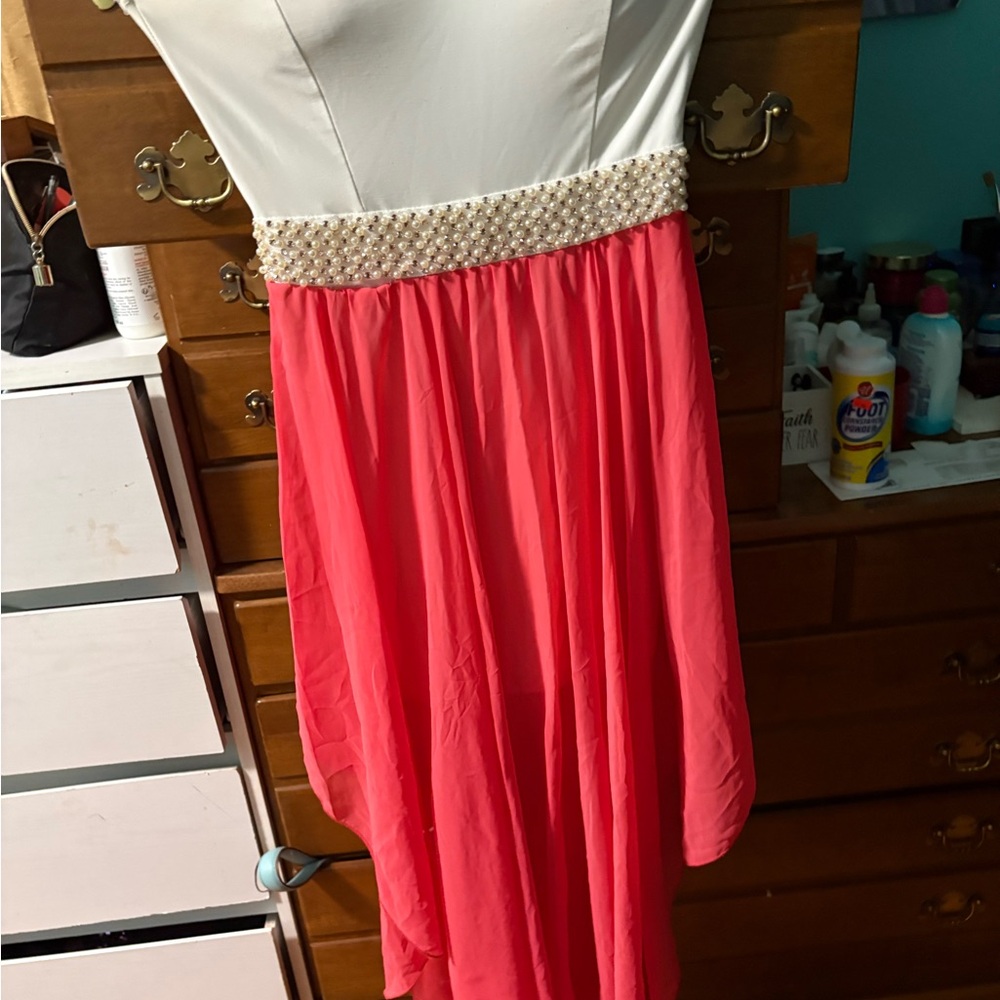 Elegant White and Coral Dress with Pearl Waistband